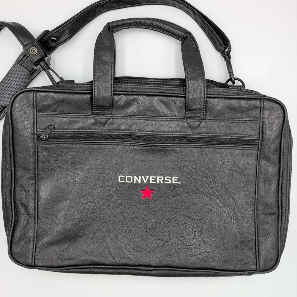 Converse Shoulder PC Bag Faux Soft‎ Leather Clutch Black - Rare Vintage